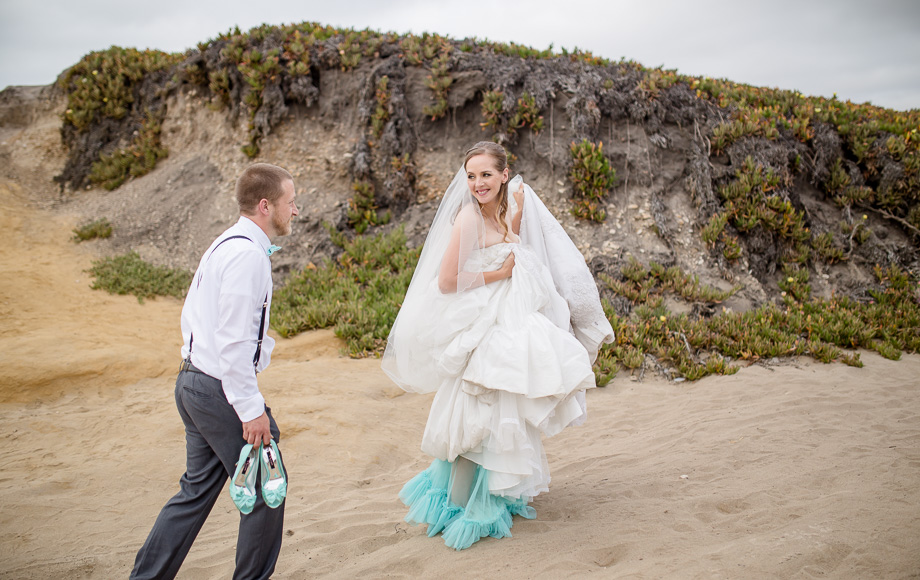 adorable wedding photo on a rocky beach in half moon bay