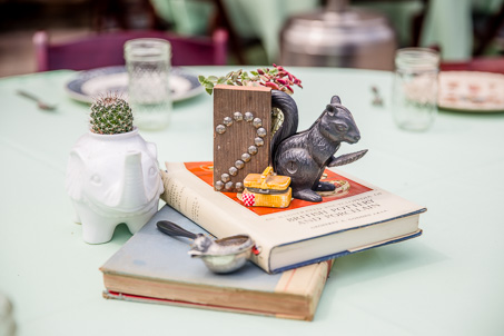 DIY vintage and rustic centerpiece - squirrel, elephant, and old books