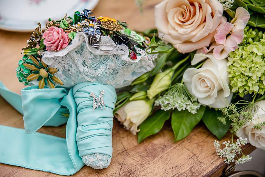 beautiful DIY bridal bouquet with baby blue ribbon for a blue wedding