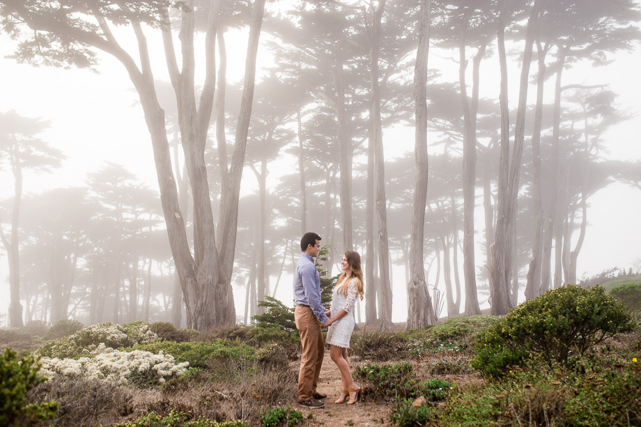 foggy and romantic couple portrait at lands end