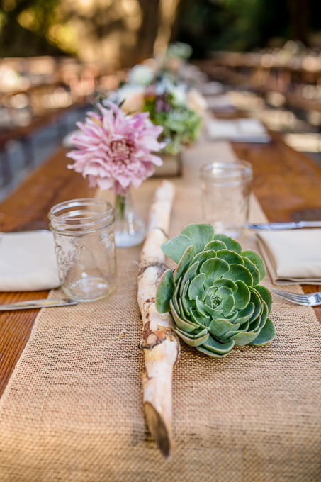 succulent and wooden stick on burlap farm table runner
