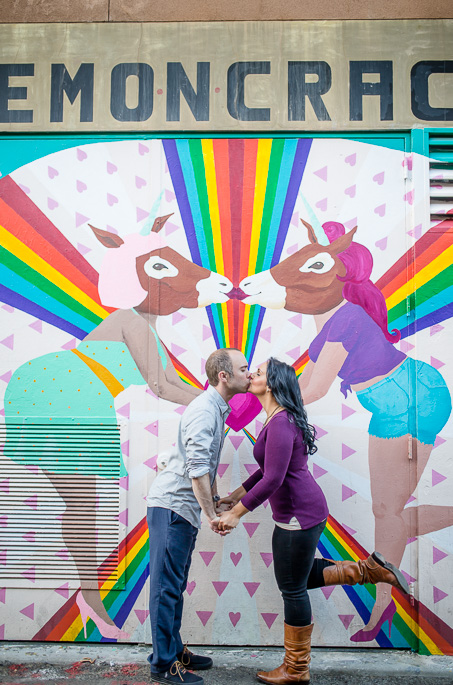 demoncracy mural San Francisco kissing engagement photo