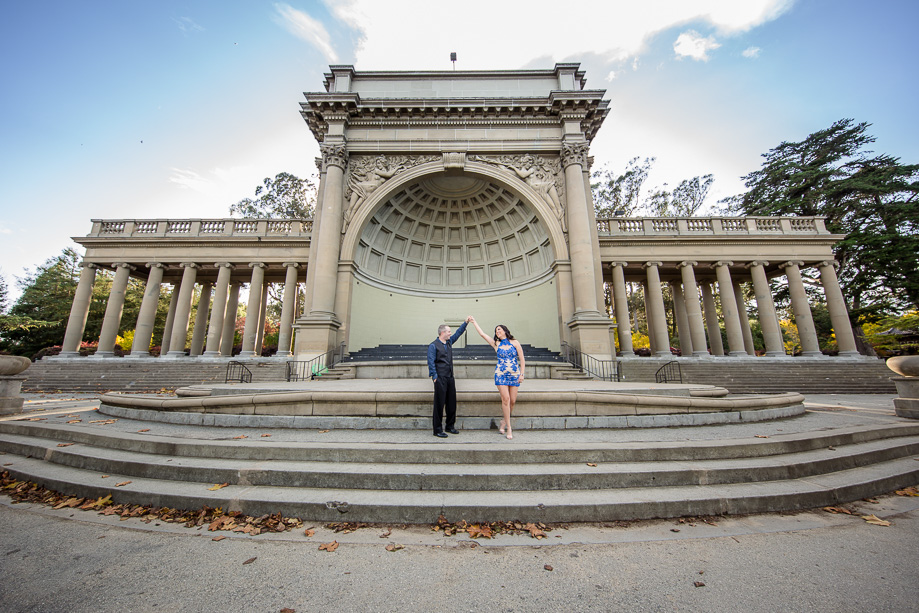engagement photo at the Music Concourse in Golden Gate Park