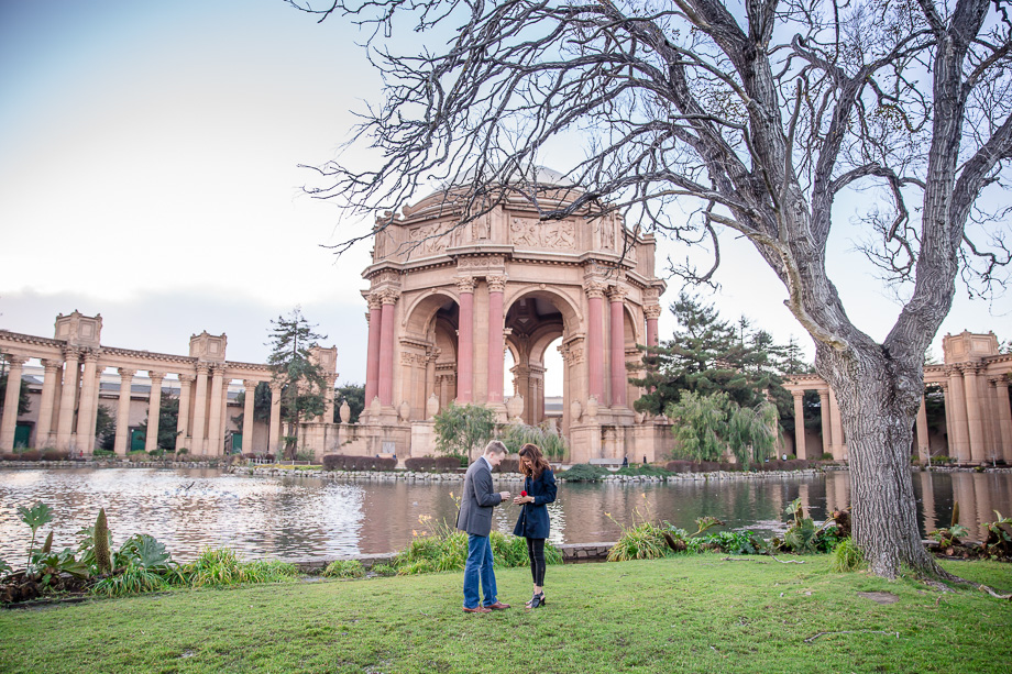 putting on new ring after surprise proposal at Palace of Fine Arts