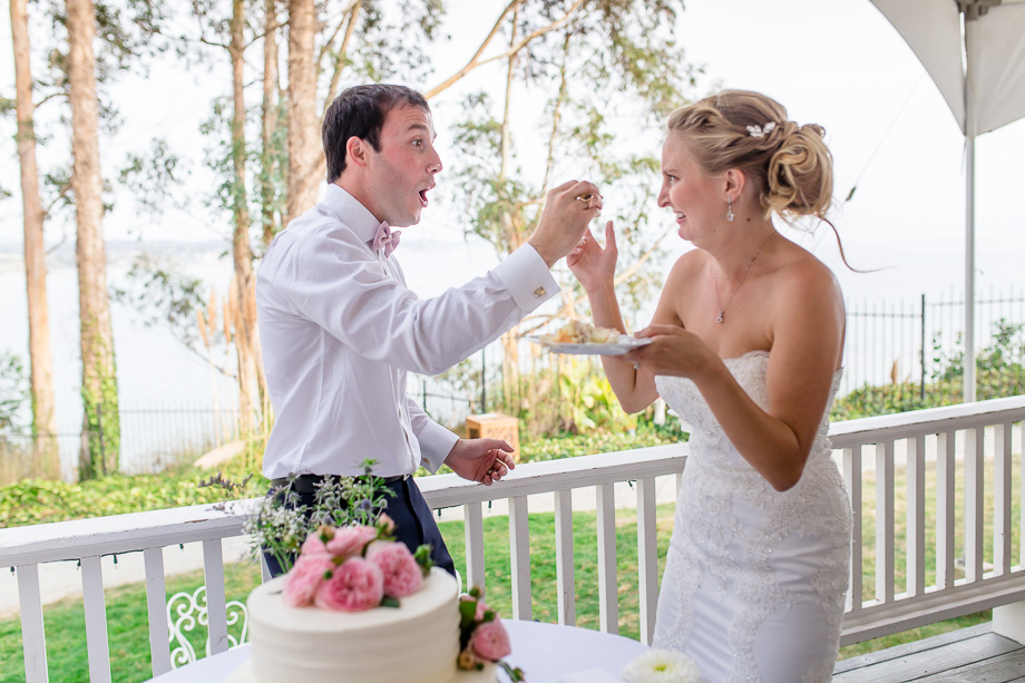 groom failing to smash the cake into bride's face
