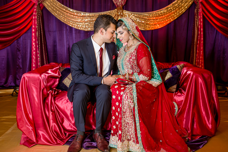 red purple colorful indian wedding day portrait