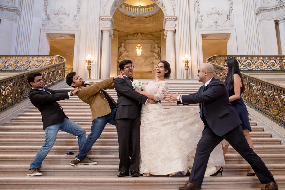 funny wedding party photo at SF City Hall