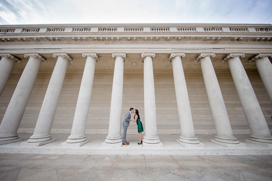 Legion of Honor wide angle engagement portrait