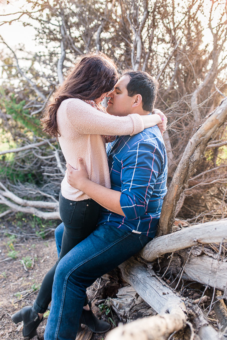 intimate engagement photo on dead tree branches