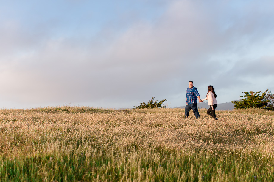 Pacifica State Beach engagement photo on hiking trail with tall grass
