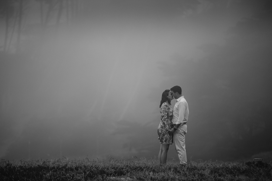 foggy dreamy romantic couple engagement portrait in the woods