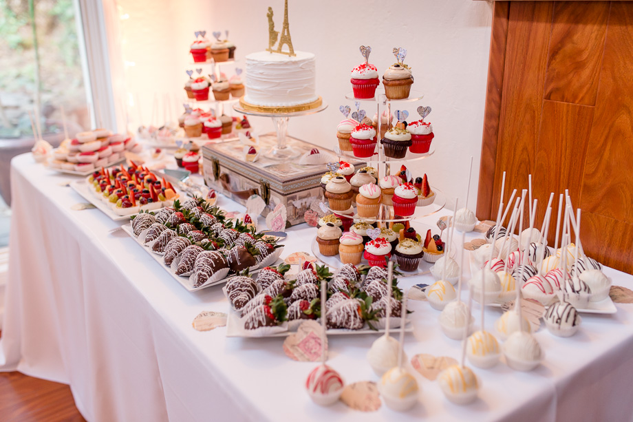 beautiful dessert display at Elliston Vineyards travel-themed wedding