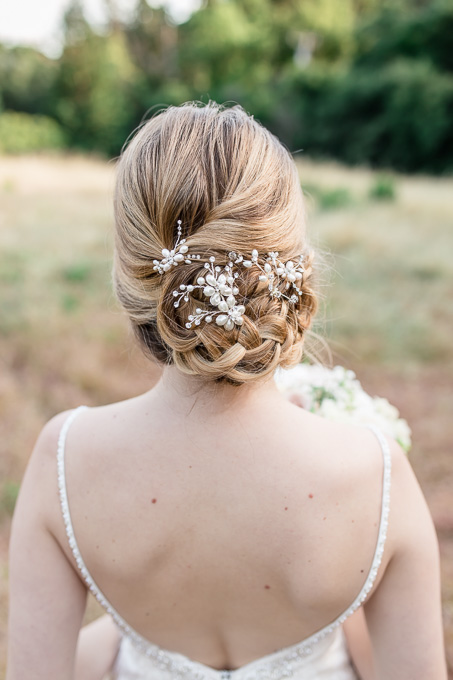California vineyards wedding romantic bridal updo with elegant hairpiece