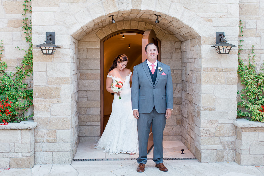 wedding first look in front of a St Helena private wine cellar
