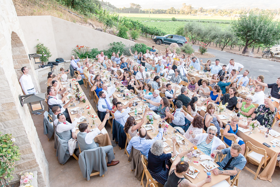 beautiful outdoor reception space in front of a private wine cellar overlooking the vineyards