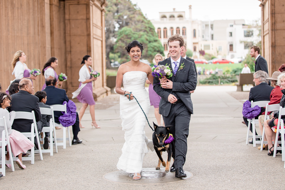 the newlywed walking down the aisle with their beloved pup at Palace of Fine Arts