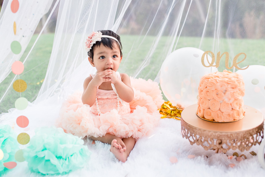 cute outdoor decor for baby girl one year cake smash - bay area family photographer