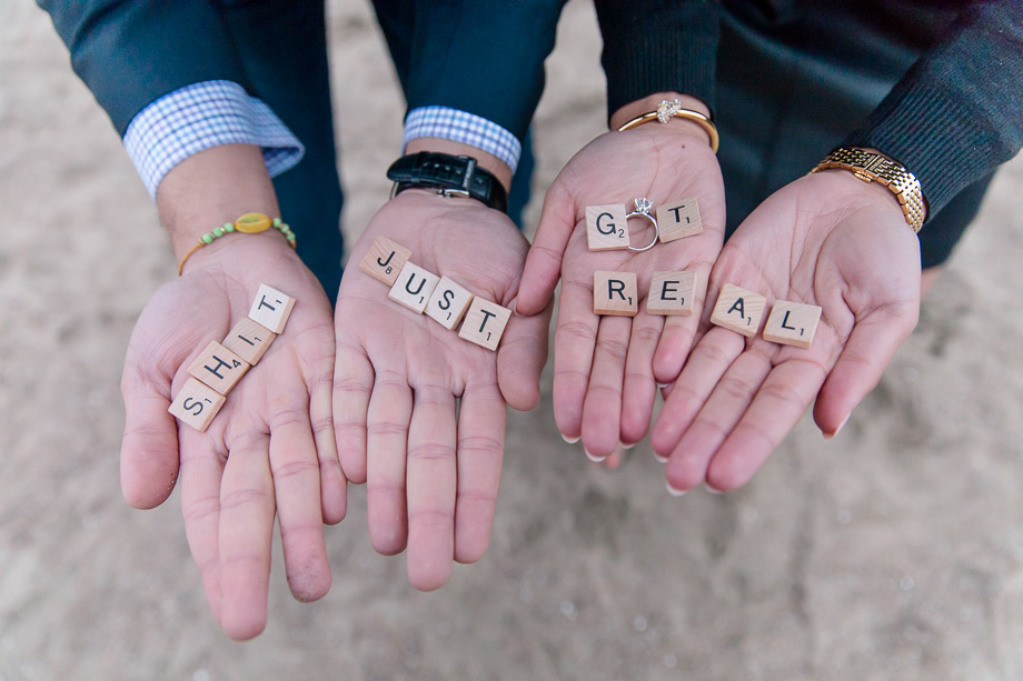 funny scrabble photo with the engagement ring - shit just got real