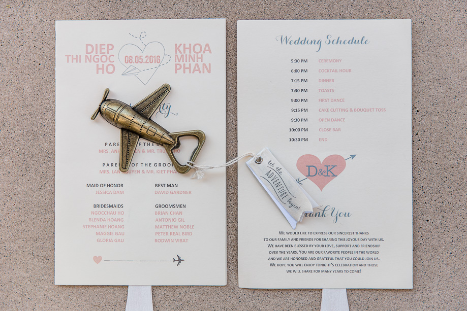 travel themed winery wedding program fan and guest favors