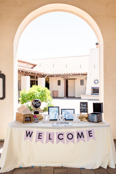 travel themed wedding sign-in table