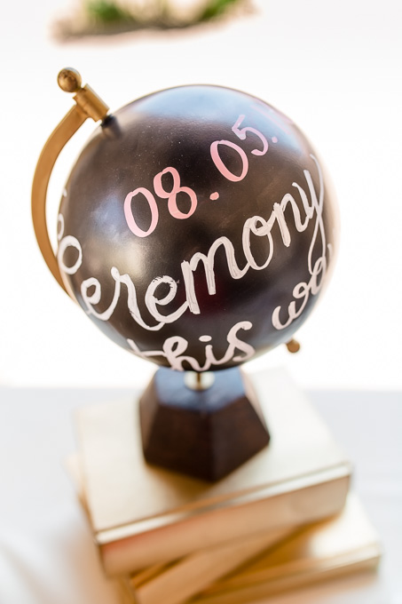 travel themed wedding guest sign in table decor - globe and golden books