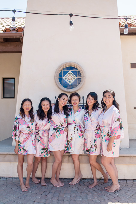 bride and bridesmaids in their white and pink kimono robes
