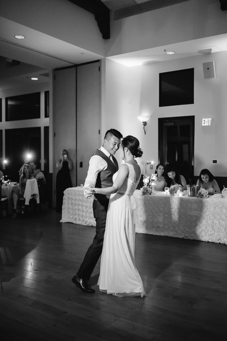 newlywed couple timeless black and white first dance photo