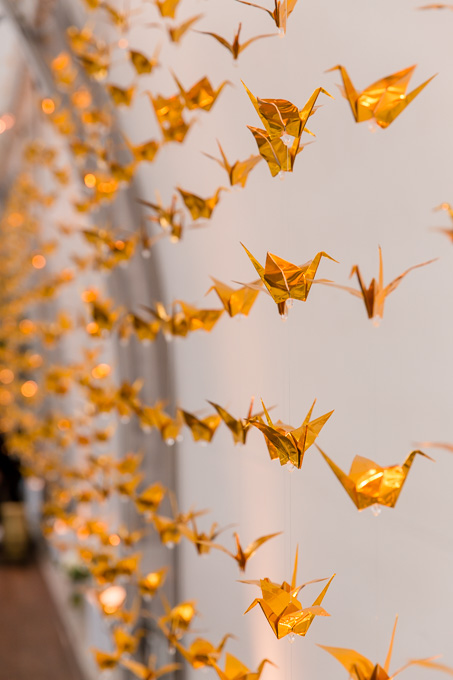 1000 golden origami paper cranes that the brides mother hand folded hanging in the reception hall