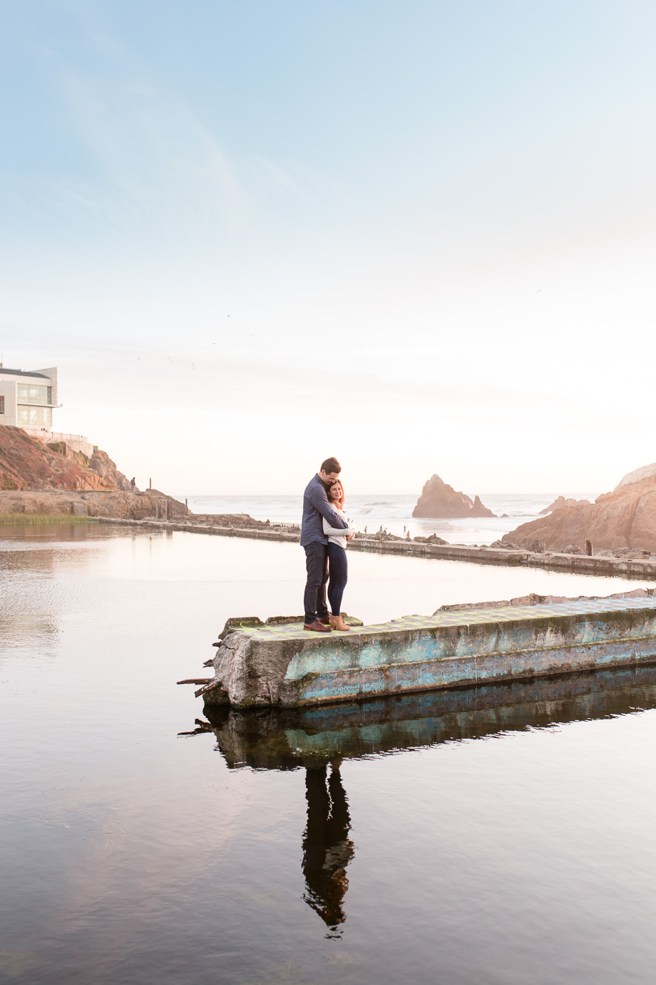 romantic sunset water ripple reflection engagement photo in San Francisco