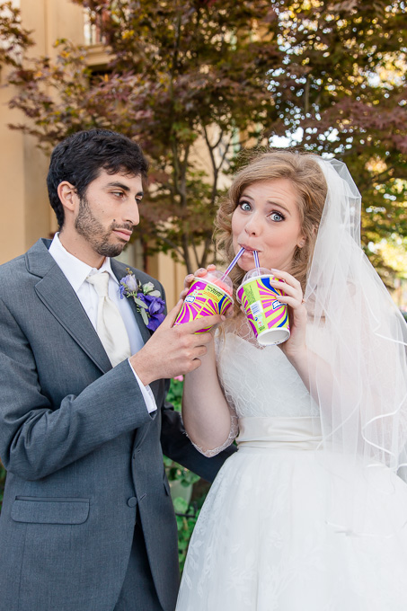 a cute and funny wedding portrait with slurpee