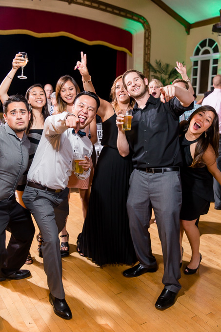 a fun group shot at the wedding reception