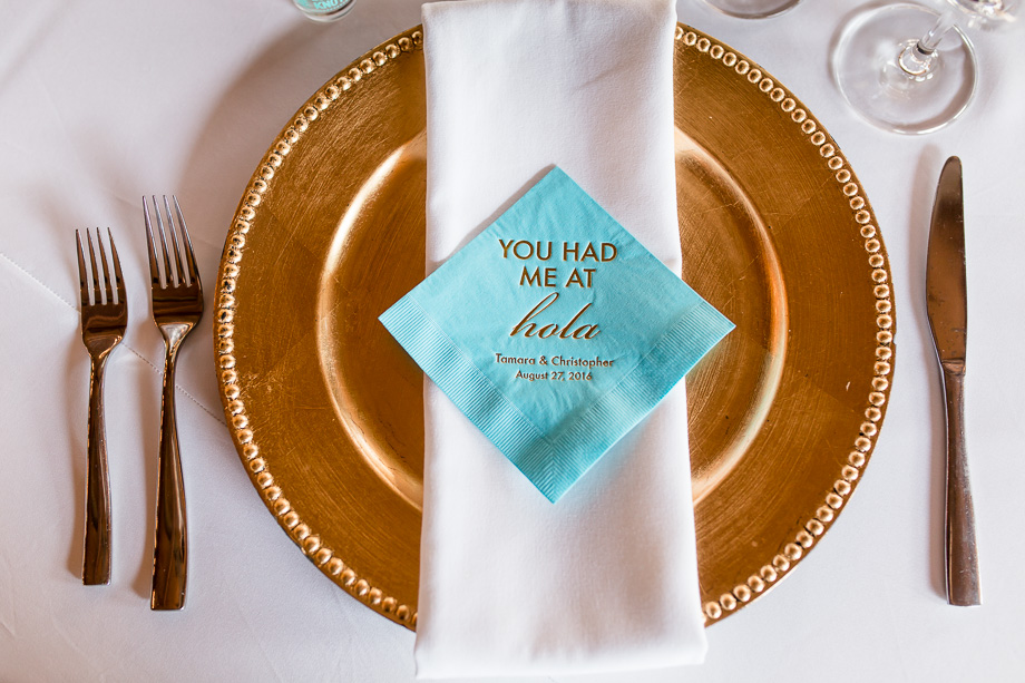 personalized blue wedding napkin with gold plate setting