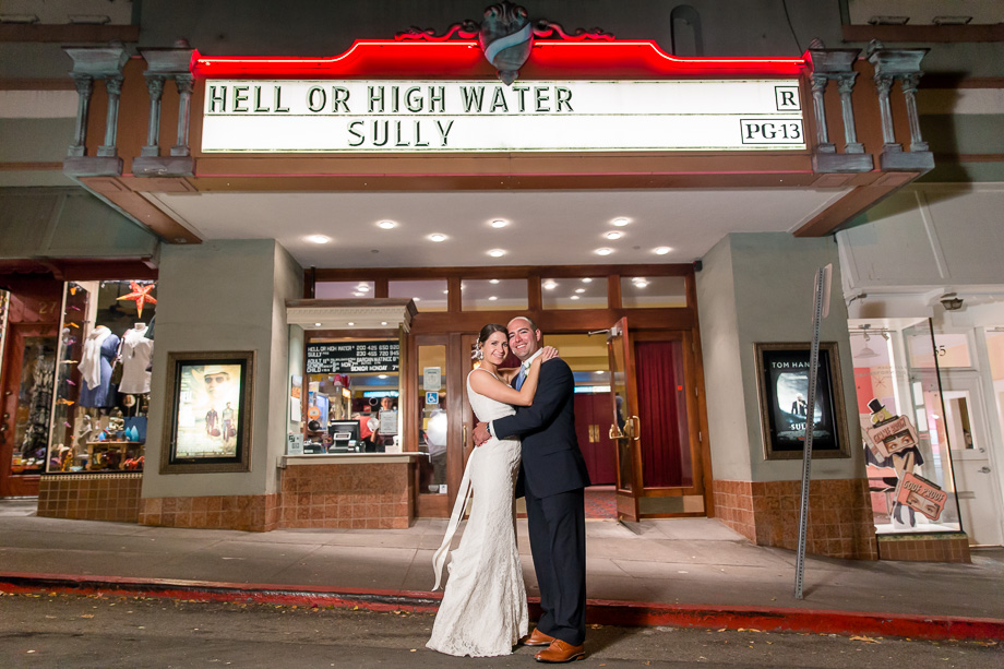 bride and groom night photo at Mill Valley downtown theater