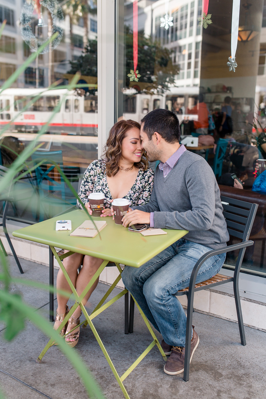 cute San Franciso downtown urban engagement photo at Philz coffee