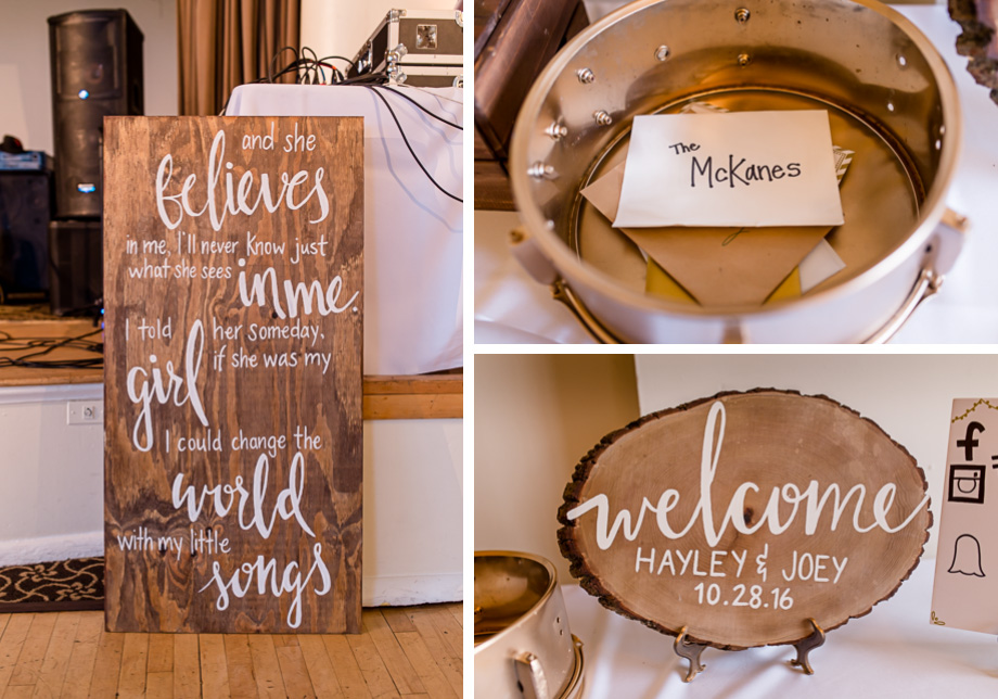 wooden and golden wedding signs and decor