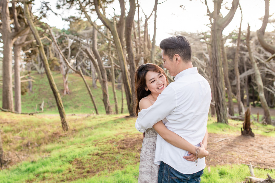 san francisco engagement photo in the woods with soft beautiful light