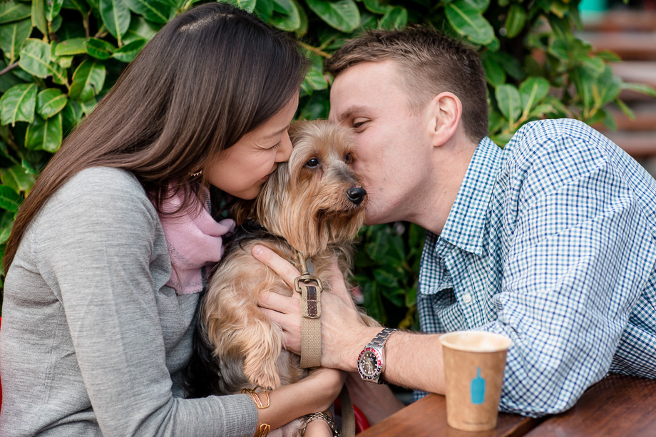 san francisco engagement photo with cute yorkie puppy and blue bottle coffee