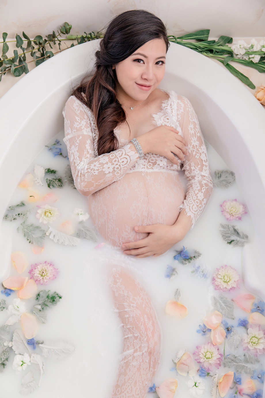Bay Area maternity boudoir floral milk bath