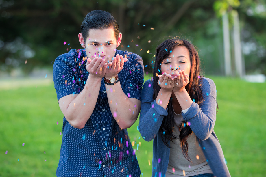 Confetti! Fun & creative engagement photo taken at Shoreline Park, Mountain View