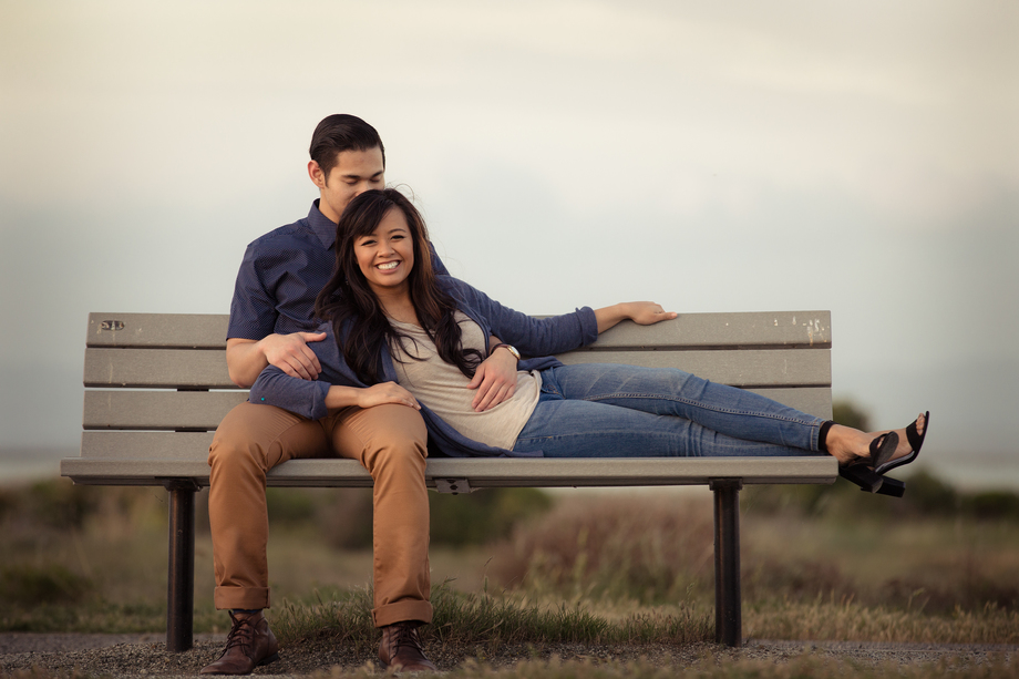 Engagement picture on a lovely bench - Shoreline Park, Mountain View