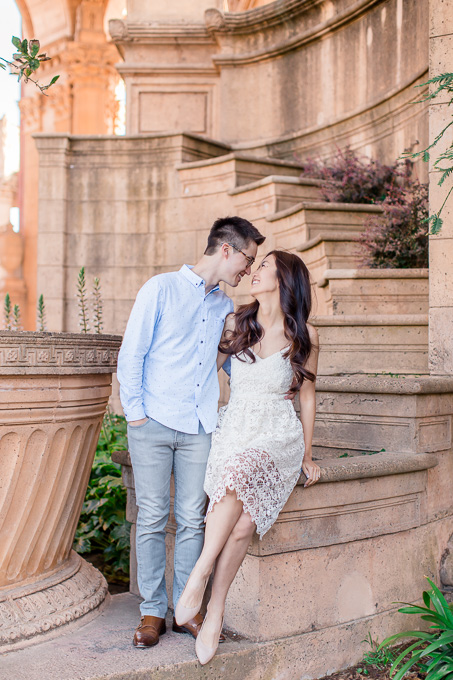 san francisco beautiful architectural engagement photo - kissing on giant stairs