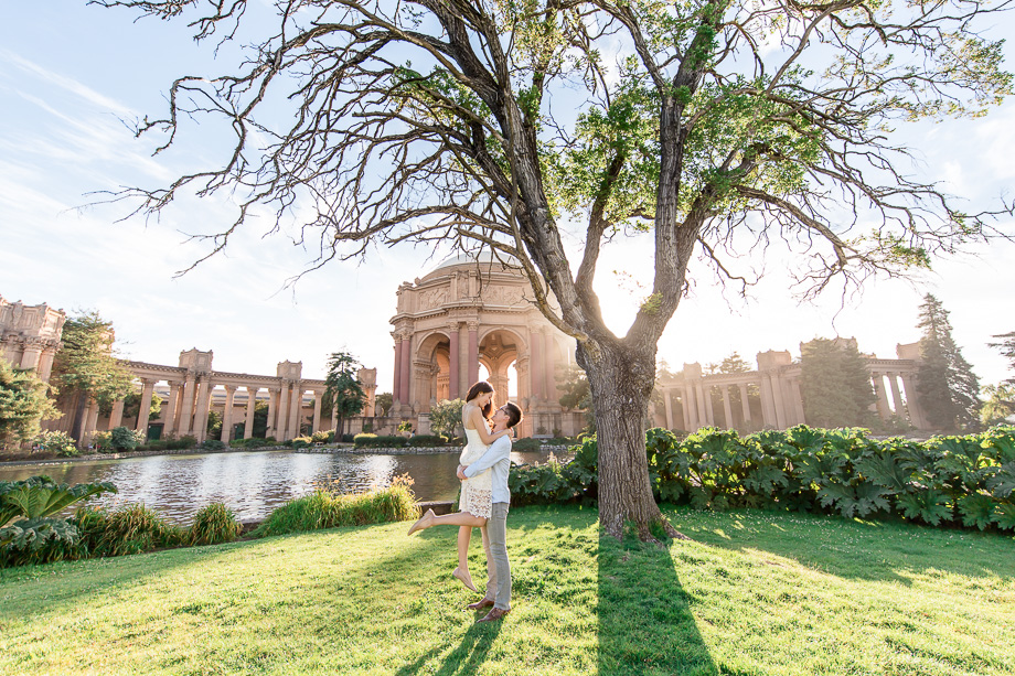 romantic soft natural light san francisco palace of fine arts save the date engagement photo