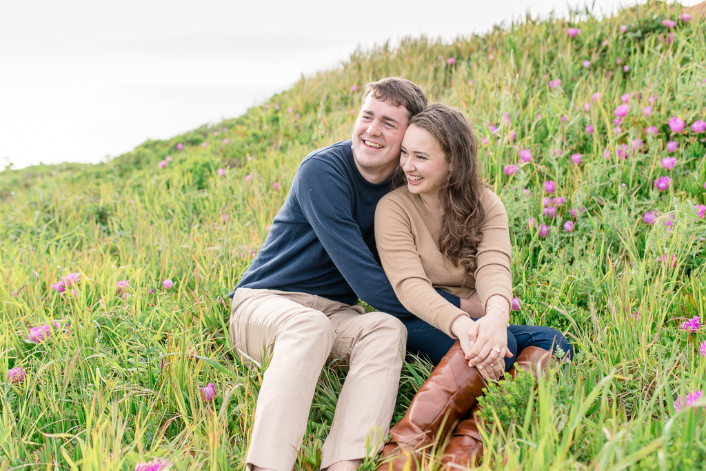 save the date portrait with wild flowers on a hiking trail