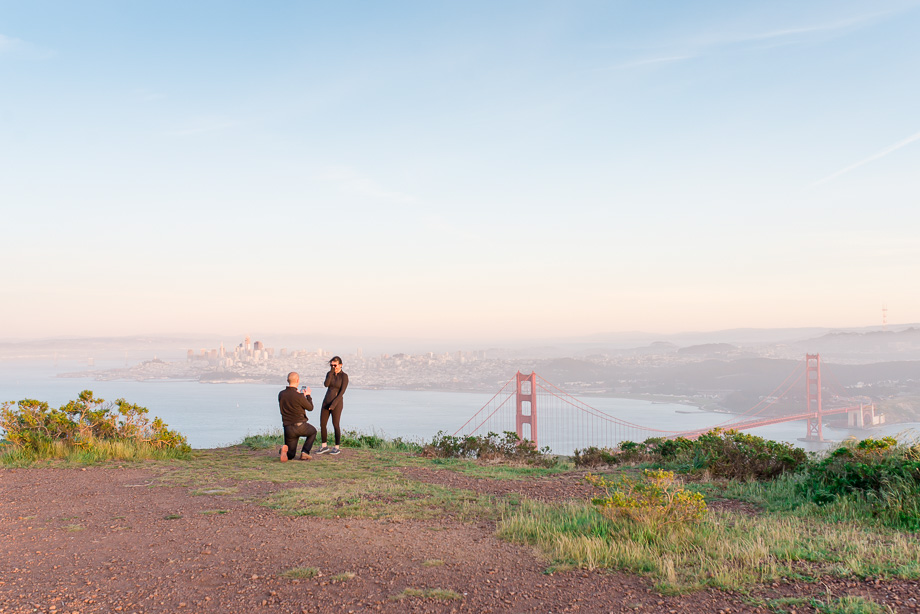 San Francisco Golden Gate Bridge and city skyline sunset surprise proposal