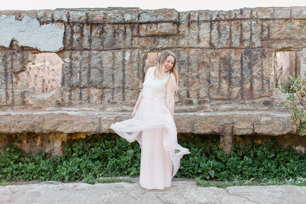 ivory lace top with blush tulle dress