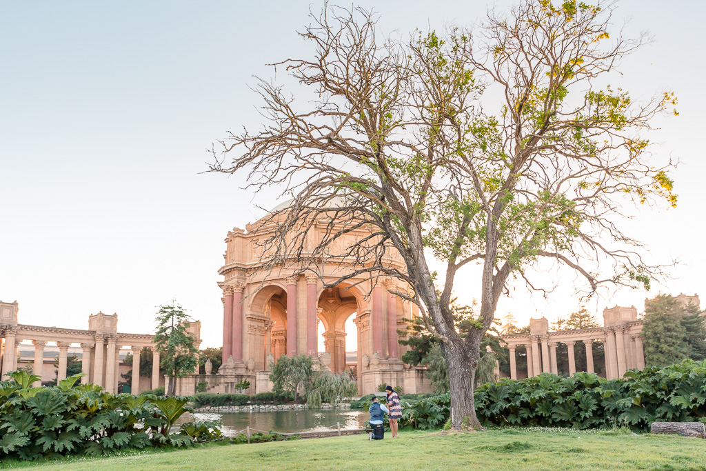 golden sunset marriage proposal at Palace of Fine Arts from across the pond
