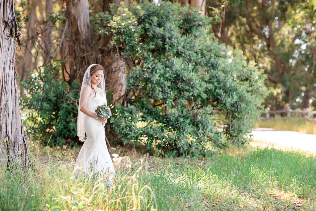bridal portrait in wooded forest area