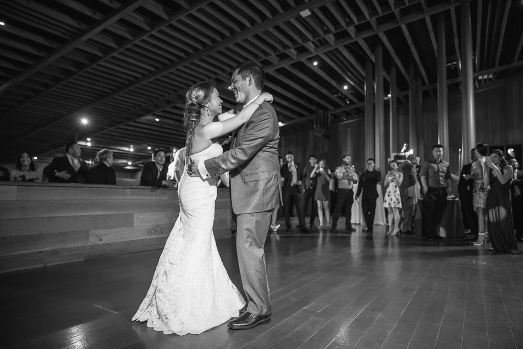 black and white CuriOdyssey first dance couple photo