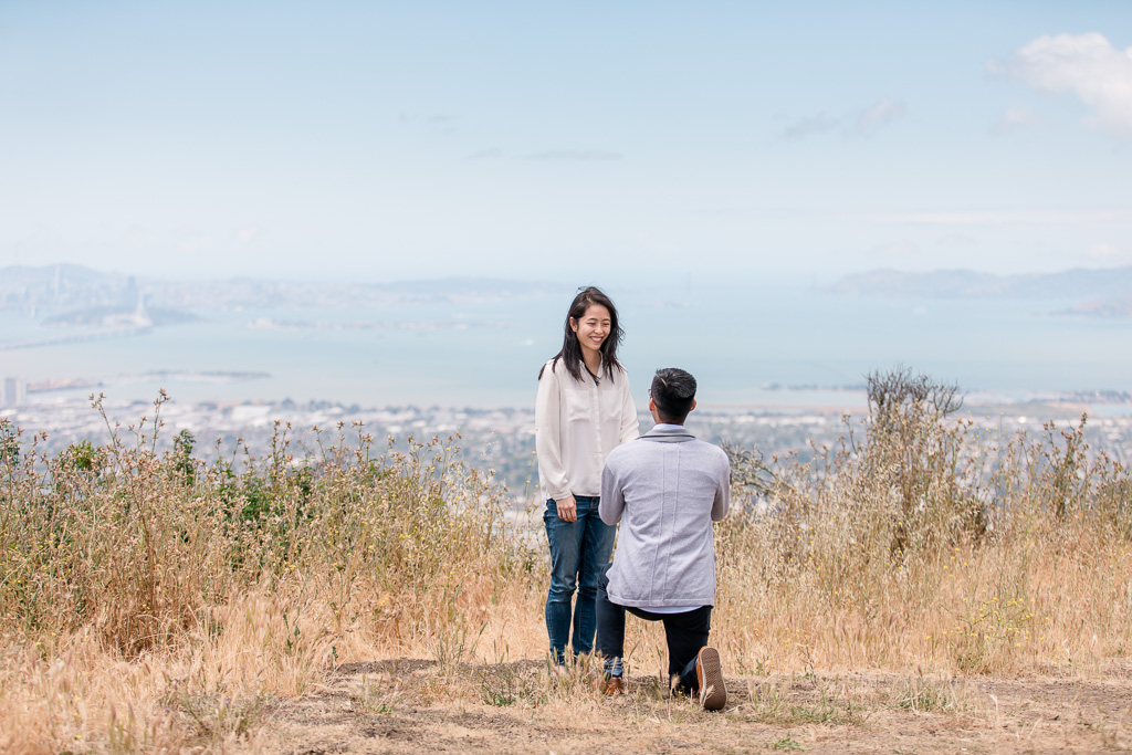 surprise engagement at view point looking down at San Francisco Bay Area