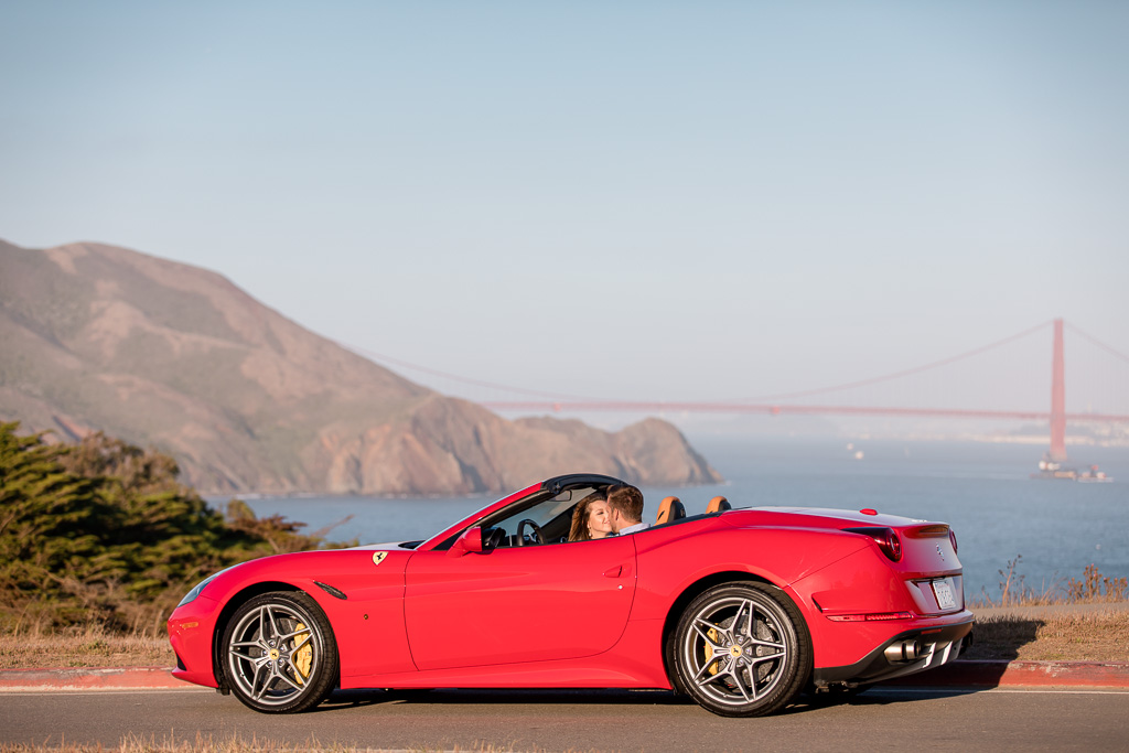engagement photo in a Ferrari at the Marin Headlands